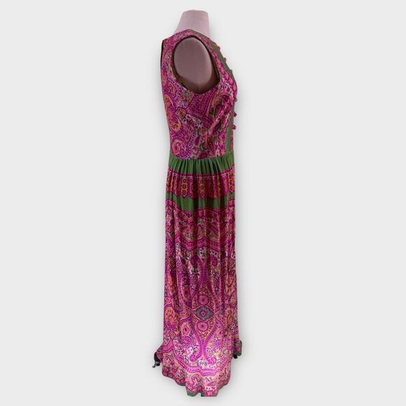 Vintage Paisley Print Maxi Dress Pink Green Glitter Boho 70s Slim Aarons Size M - Picture 3 of 9